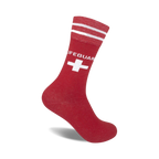 Red crew socks with white stripes and a white lifeguard cross.  'Lifeguard' is written above the cross.