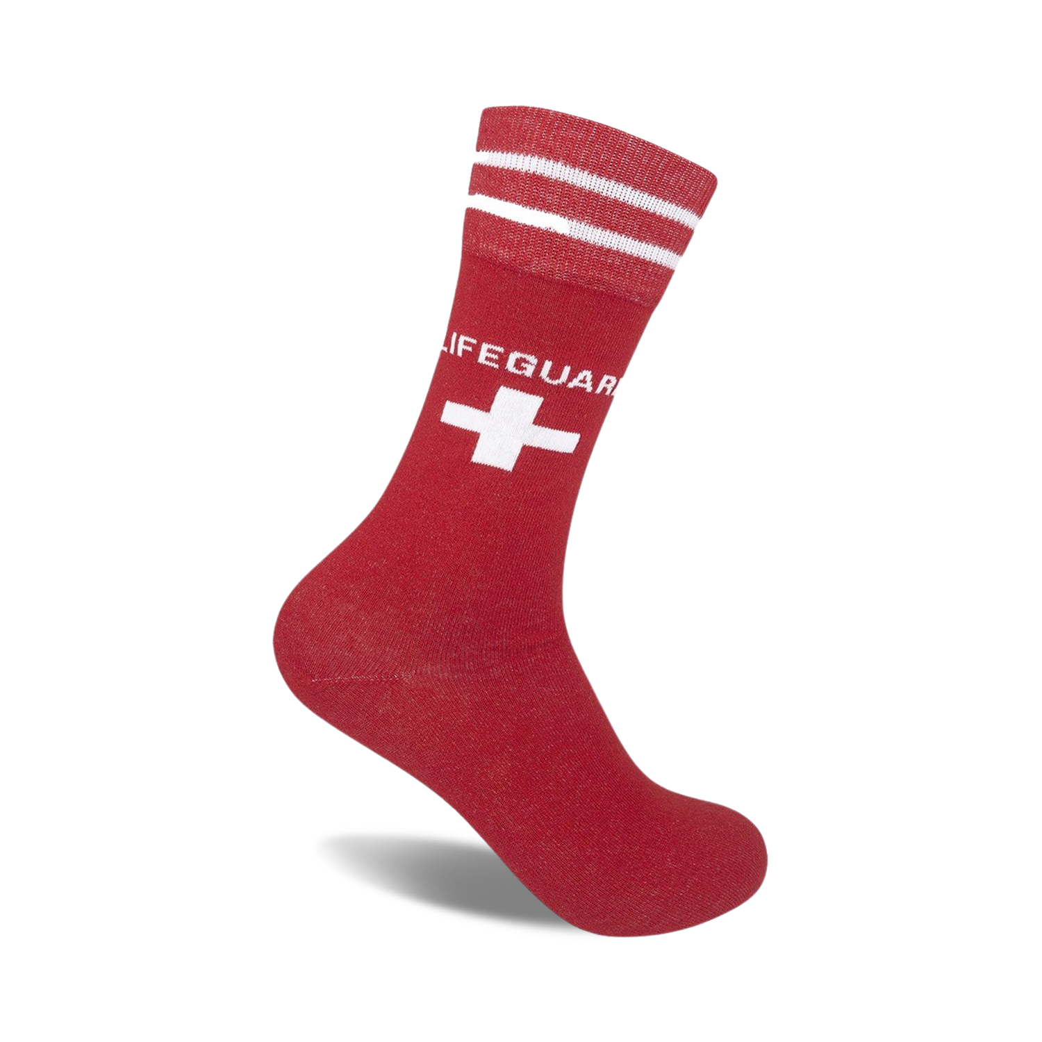 Red crew socks with white stripes and a white lifeguard cross.  'Lifeguard' is written above the cross.
