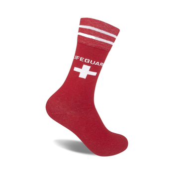 red and white striped crew socks with lifeguard cross design   