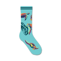 Crew socks in teal featuring colorful sea turtles swimming amongst seaweed. 