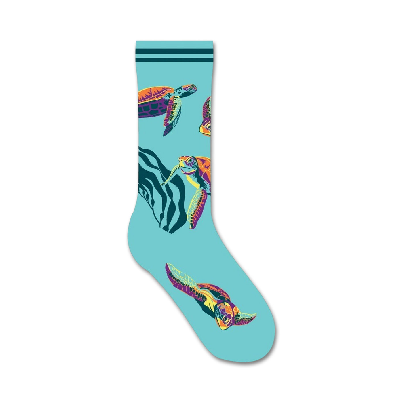 Crew socks in teal featuring colorful sea turtles swimming amongst seaweed. 