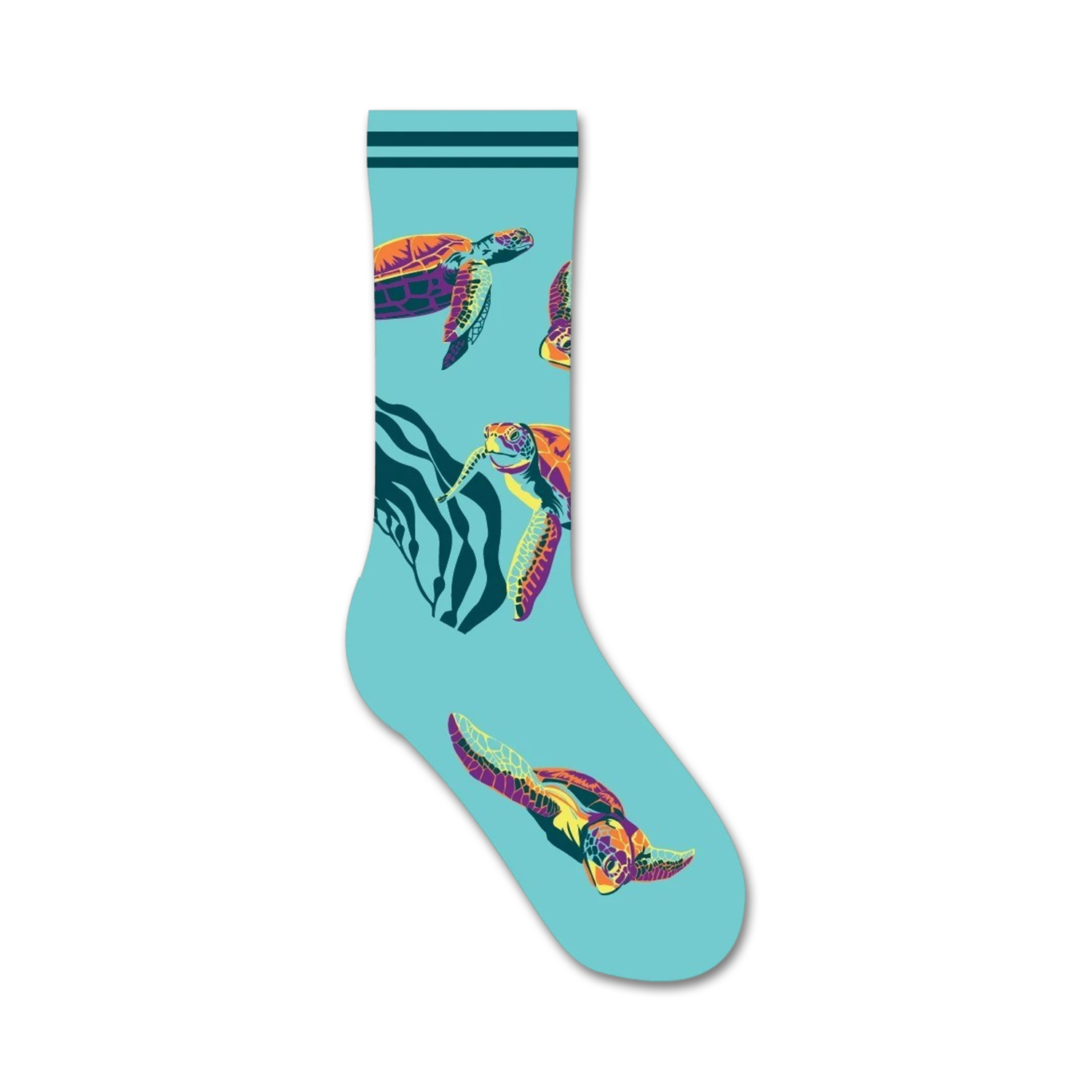 Crew socks in teal featuring colorful sea turtles swimming amongst seaweed. 
