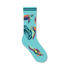 blue crew socks with a pattern of green, yellow, orange, purple, and blue sea turtles swimming in different directions.  