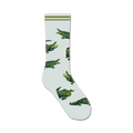 Crew socks in light grey featuring a repeating pattern of green alligators.  Olive green stripes at the top.