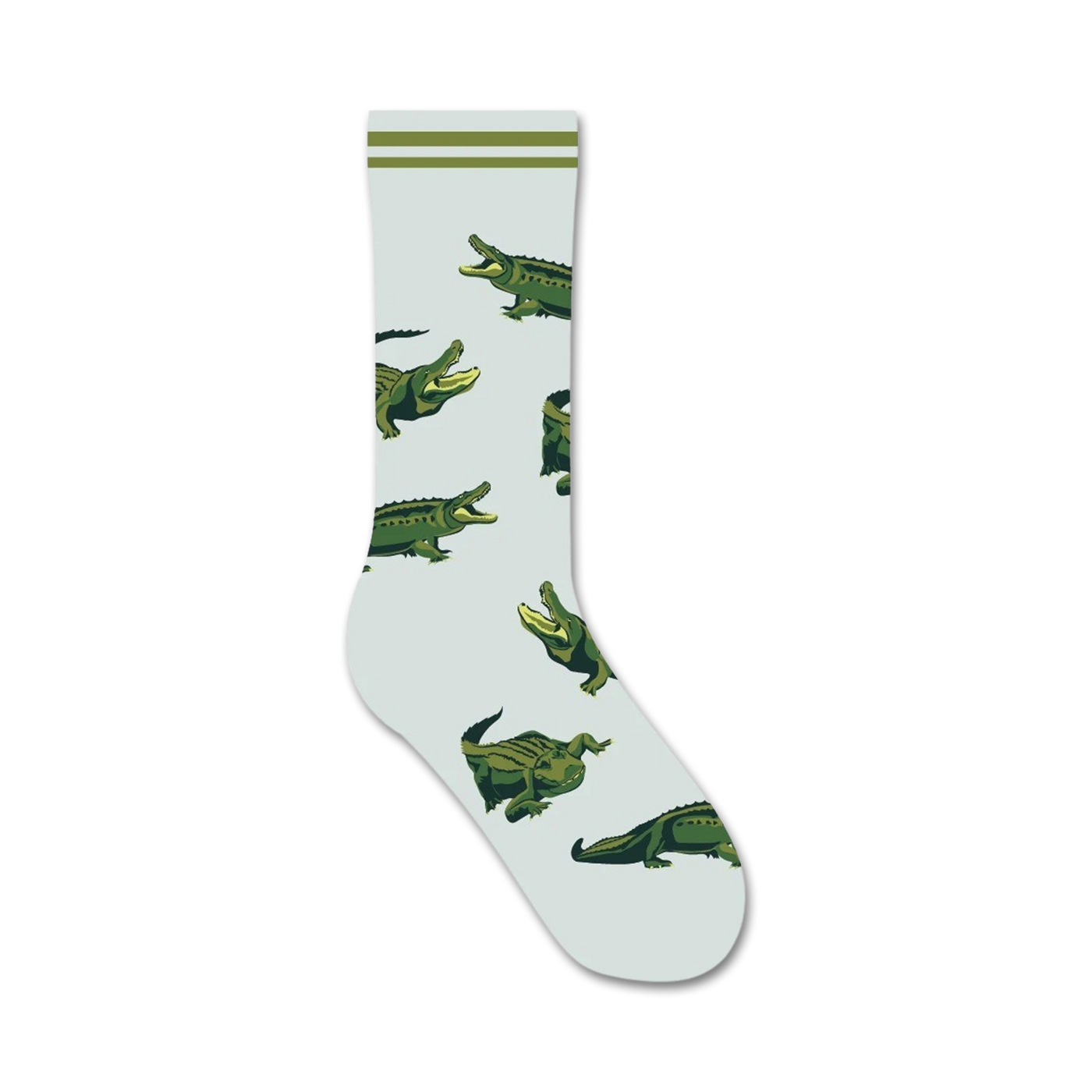 Crew socks in light grey featuring a repeating pattern of green alligators.  Olive green stripes at the top.