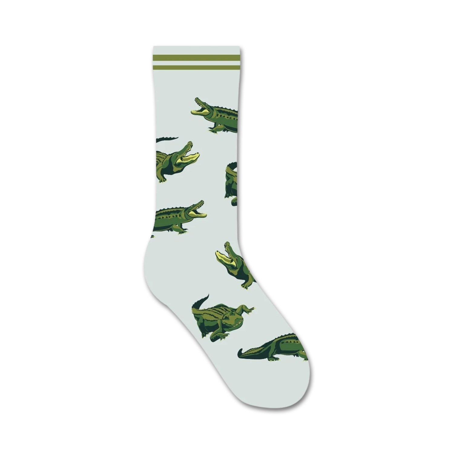 Crew socks in light grey featuring a repeating pattern of green alligators.  Olive green stripes at the top.