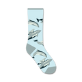 Crew socks in light blue featuring a playful design of gray and white dolphins swimming. 