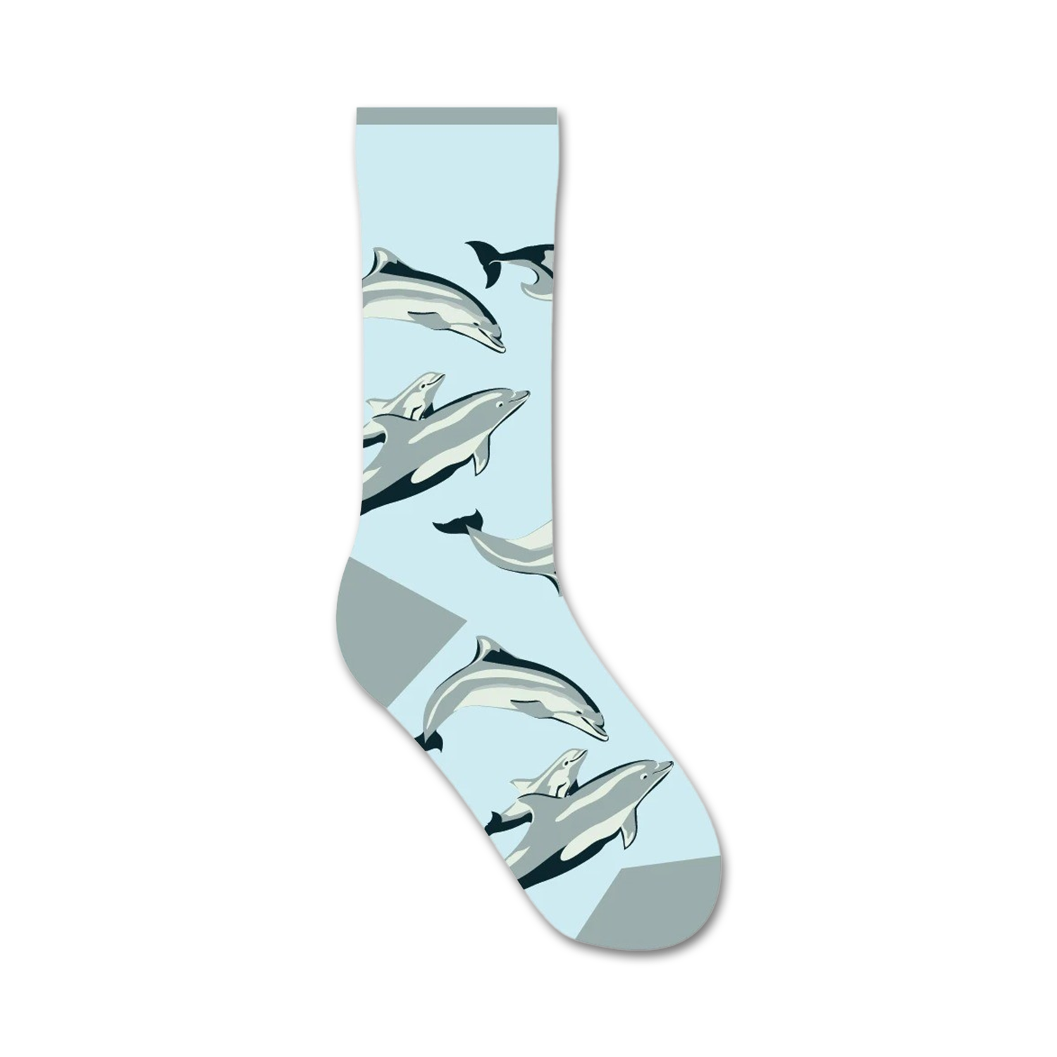 Crew socks in light blue featuring a playful design of gray and white dolphins swimming. 