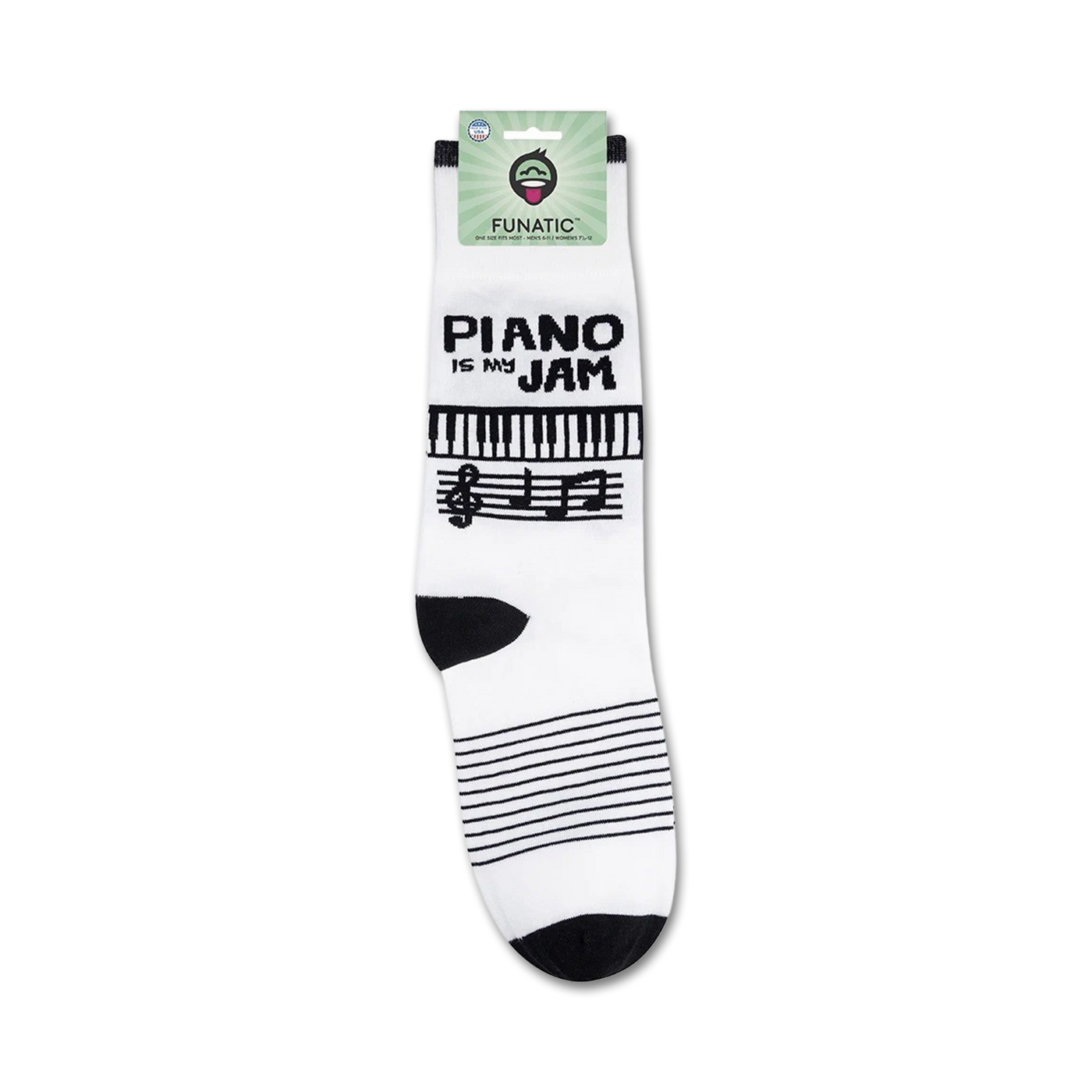 Packaging shot of 'Piano Is My Jam' socks showing the socks on a card.