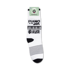 Packaging shot of 'Piano Is My Jam' socks showing the socks on a card.