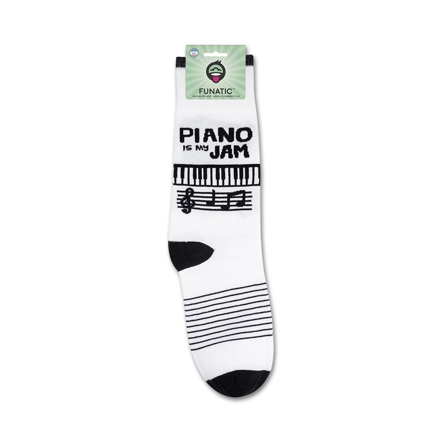 Packaging shot of 'Piano Is My Jam' socks showing the socks on a card.