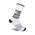 White crew socks with black piano keys, musical notes, and stripes. 'Piano Is My Jam' text is featured.