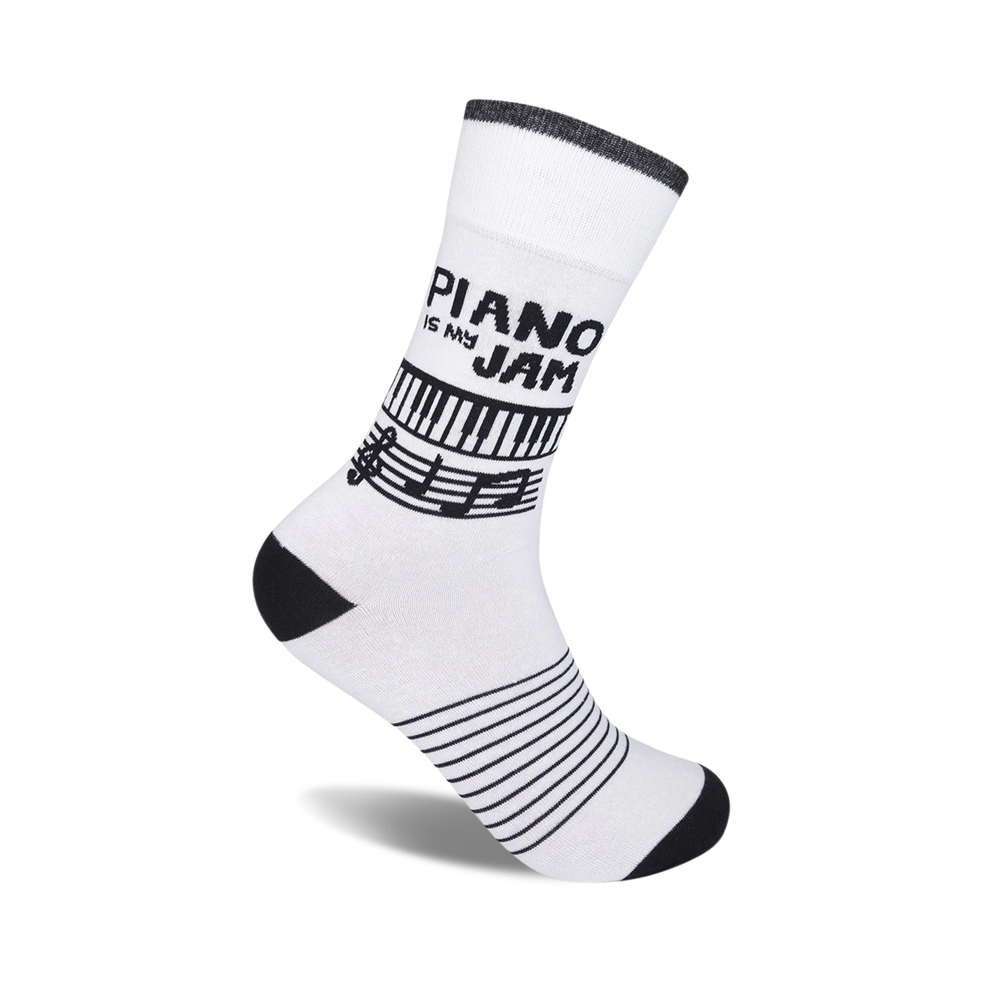 White crew socks with black piano keys, musical notes, and stripes. 'Piano Is My Jam' text is featured.