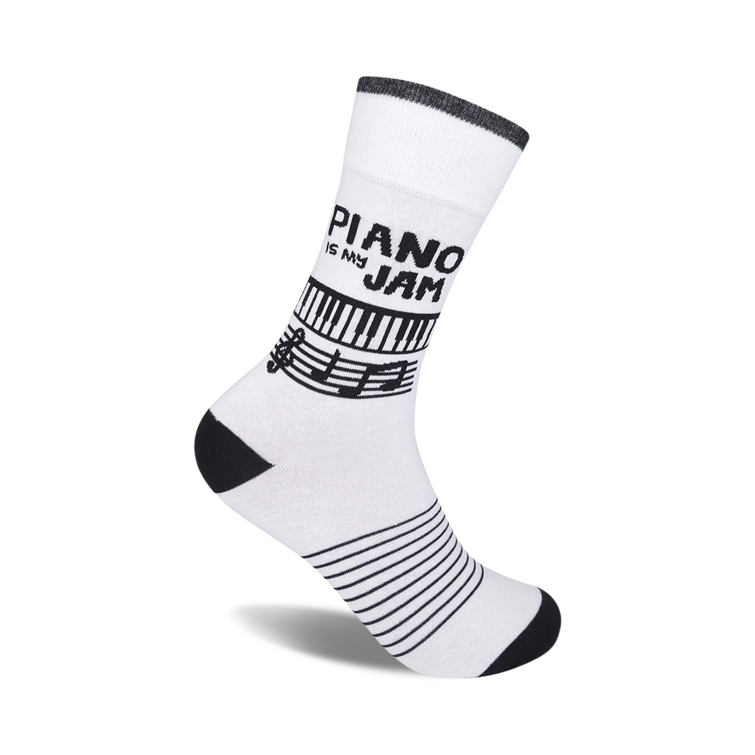 White crew socks with black piano keys, musical notes, and stripes. 'Piano Is My Jam' text is featured.