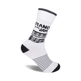 black, gray, and white crew socks with words "piano is my jam" written on front, with musical notes and piano keys. for men and women.  