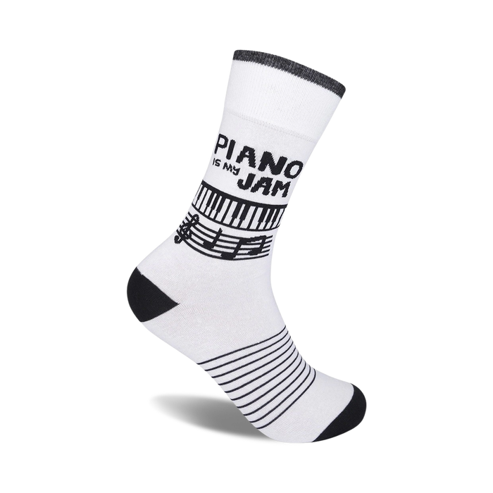 black, gray, and white crew socks with words 