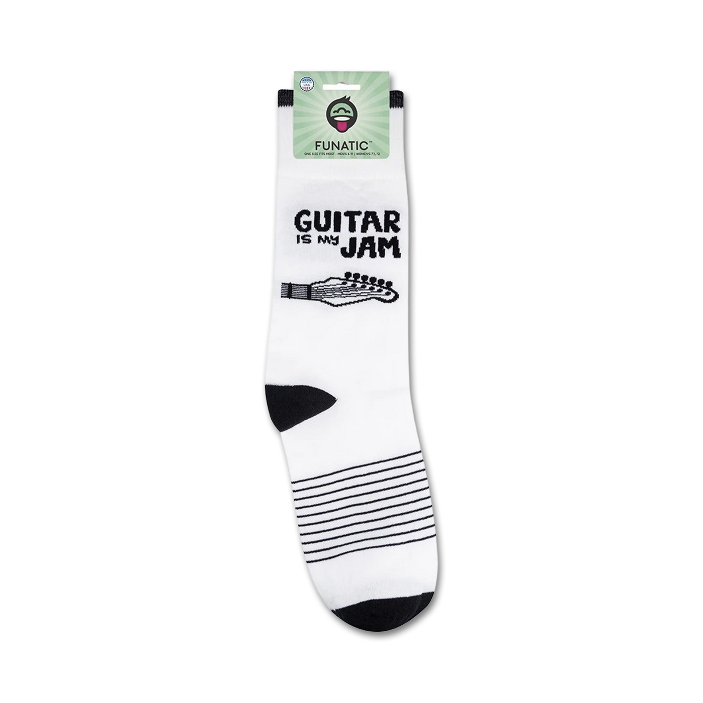 Product shot of 'Guitar Is My Jam' socks on their packaging.