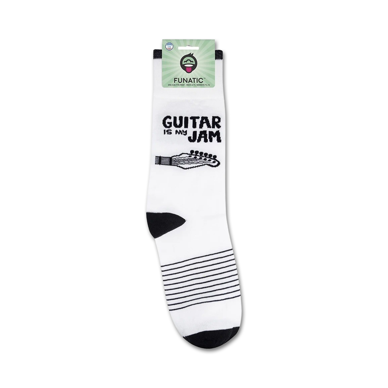 Product shot of 'Guitar Is My Jam' socks on their packaging.