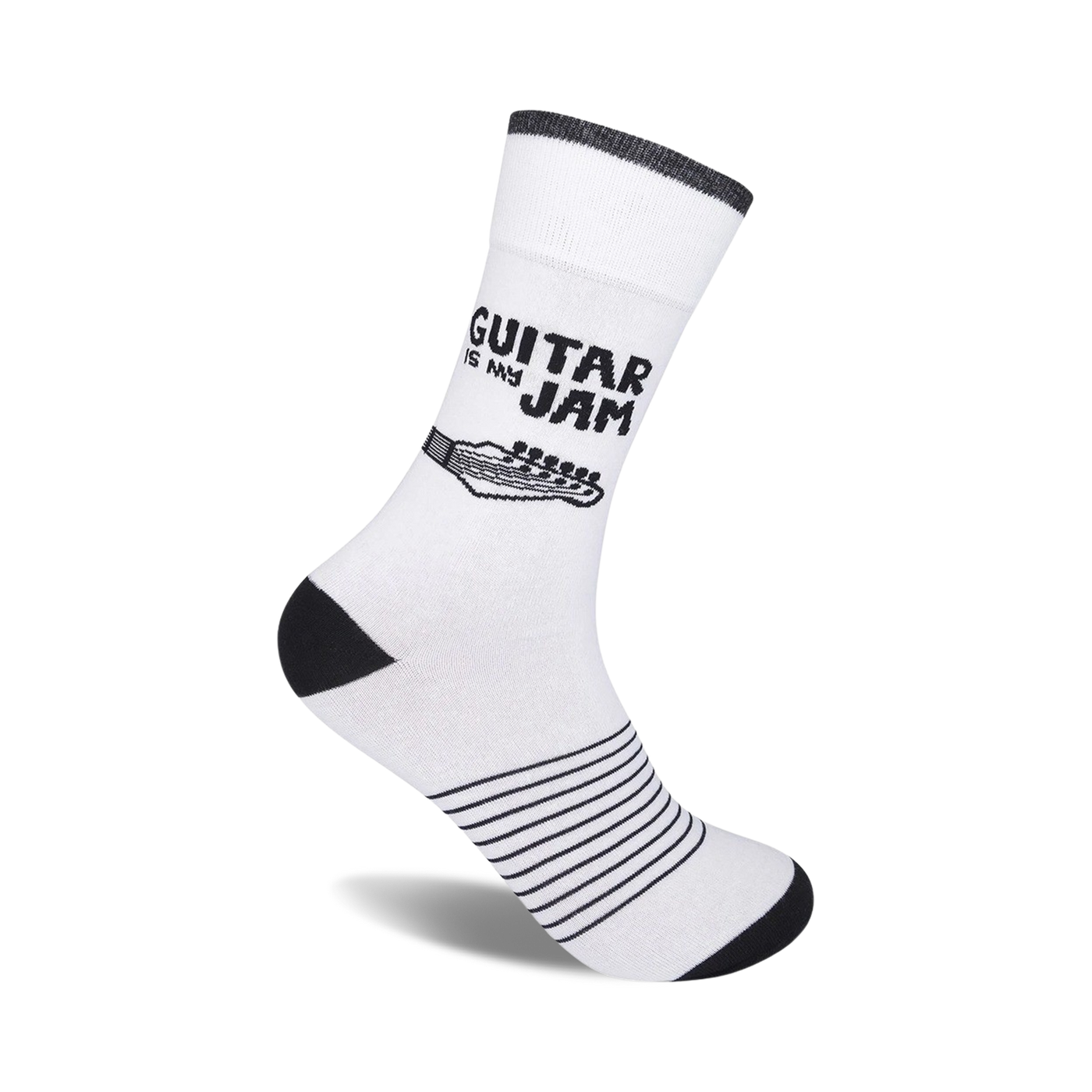White crew socks with black guitar graphic and stripes. 'Guitar Is My Jam' text.