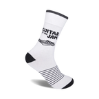 White crew socks with black guitar graphic and stripes. 'Guitar Is My Jam' text.