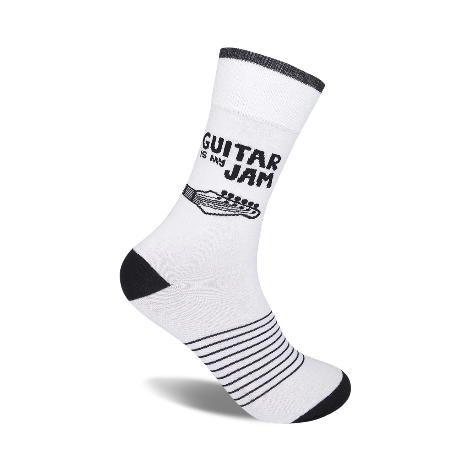 White crew socks with black guitar graphic and stripes. 'Guitar Is My Jam' text.