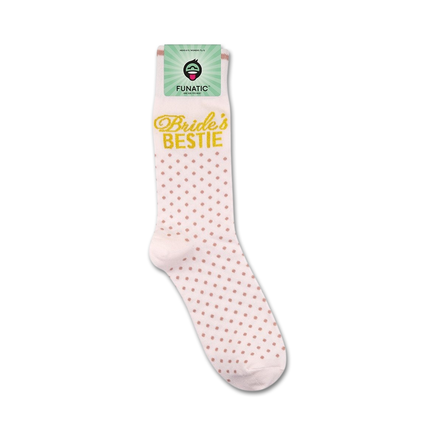 Close-up of 'Bride's Bestie' socks on a retail display card.