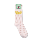 Close-up of 'Bride's Bestie' socks on a retail display card.