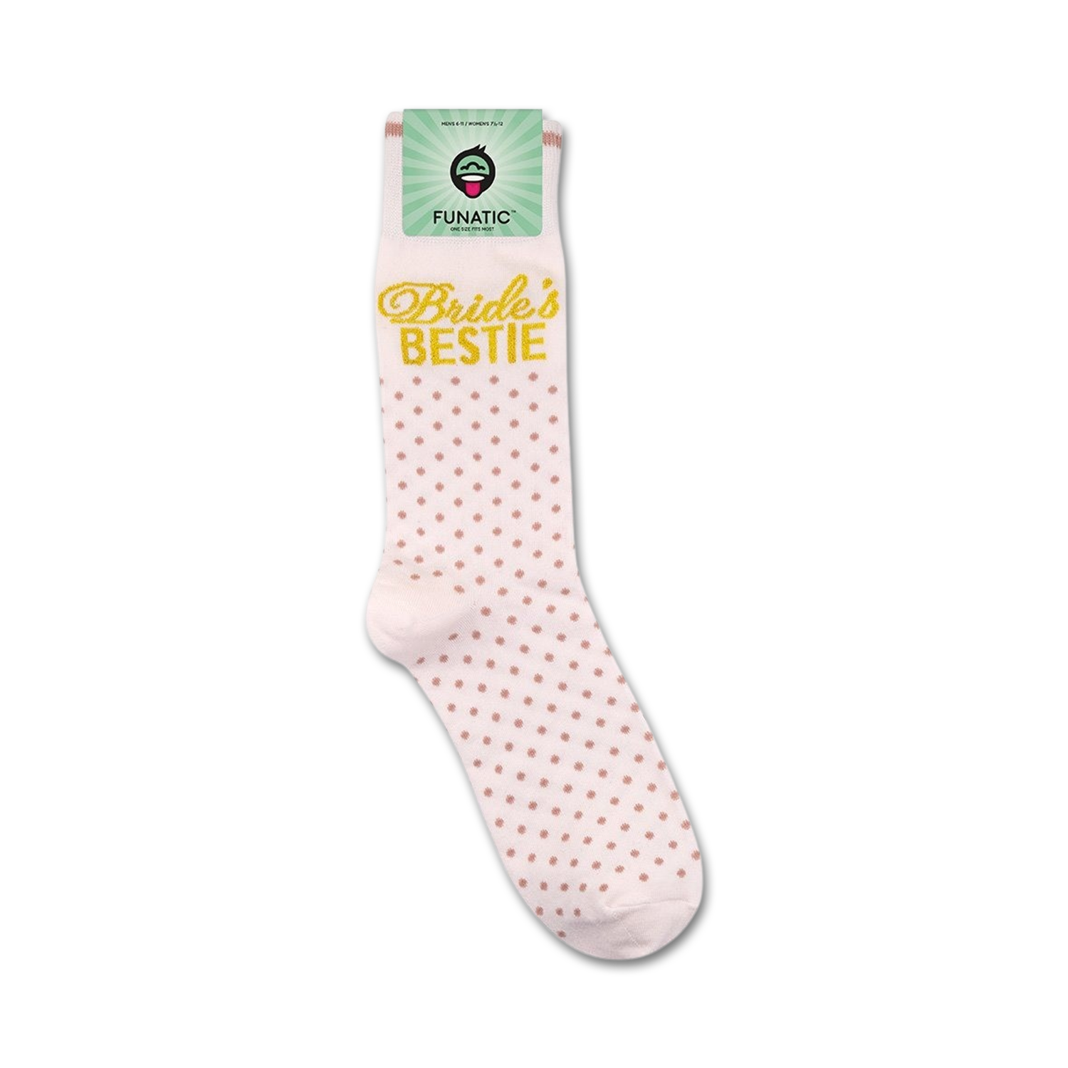 Close-up of 'Bride's Bestie' socks on a retail display card.