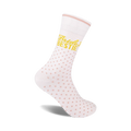 White crew socks with pink polka dots and 'Bride's Bestie' in gold lettering. A perfect gift for bridesmaids!