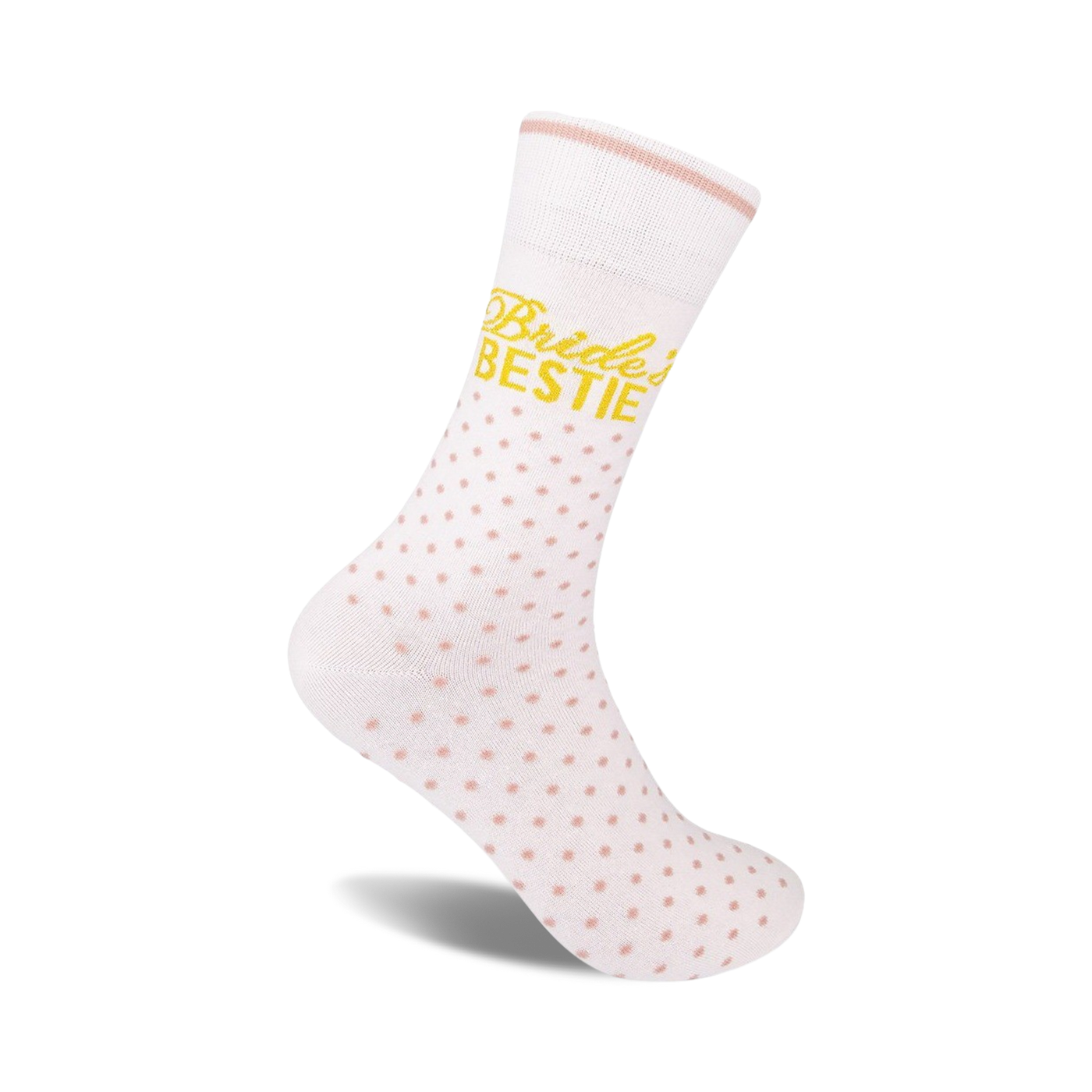White crew socks with pink polka dots and 'Bride's Bestie' in gold lettering. A perfect gift for bridesmaids!