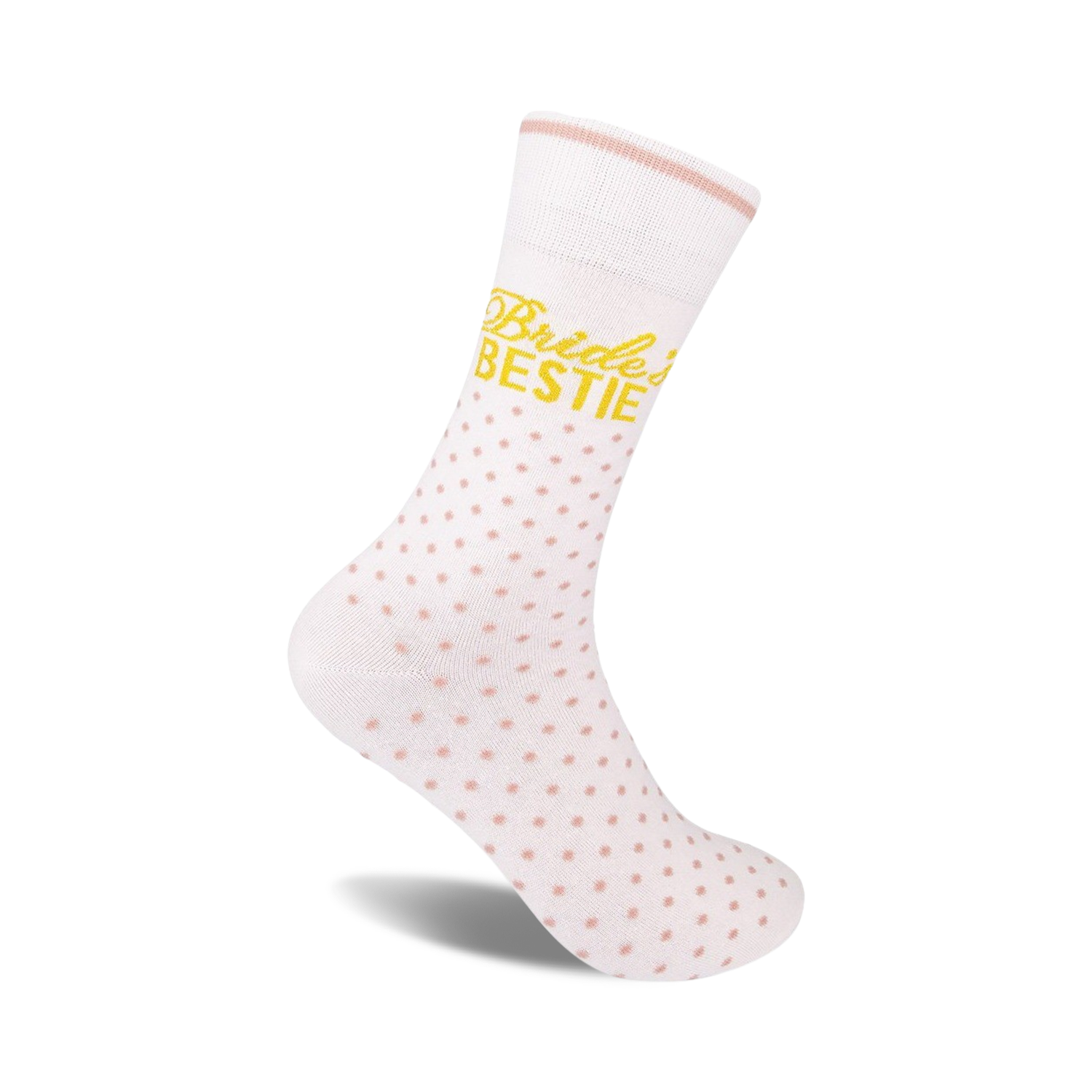 White crew socks with pink polka dots and 'Bride's Bestie' in gold lettering. A perfect gift for bridesmaids!