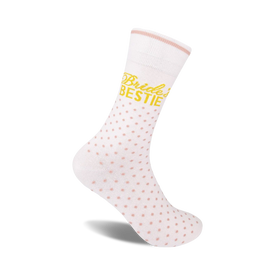 white and pink polka dot socks with â€œbride's bestieâ€ in yellow text. crew length. for women. wedding theme.  