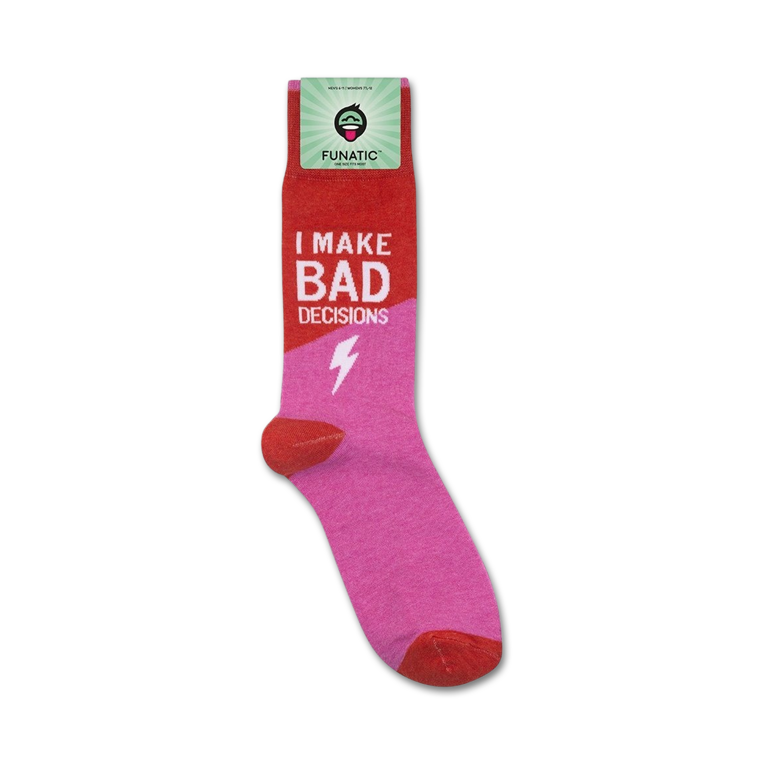 Product shot of 'I Make Bad Decisions' socks on a white background, showcasing the packaging.