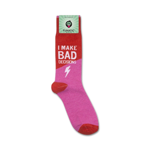 A pair of red and pink socks with the words 