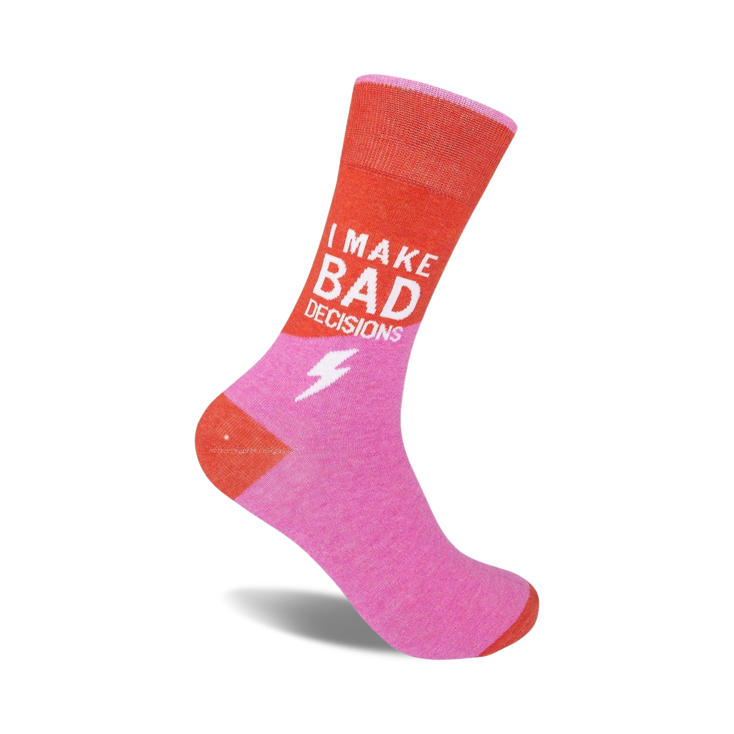 Coral and pink crew socks featuring the text 'I MAKE BAD DECISIONS' and a lightning bolt graphic.