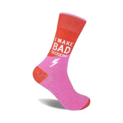 hot pink and red crew socks with the words "i make bad decisions" printed on the soles, perfect for men and women.   