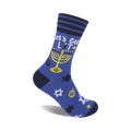 Crew socks in blue with navy stripes at the top.  Features a menorah, dreidel, Star of David, and the text 'Let's Get Lit'.