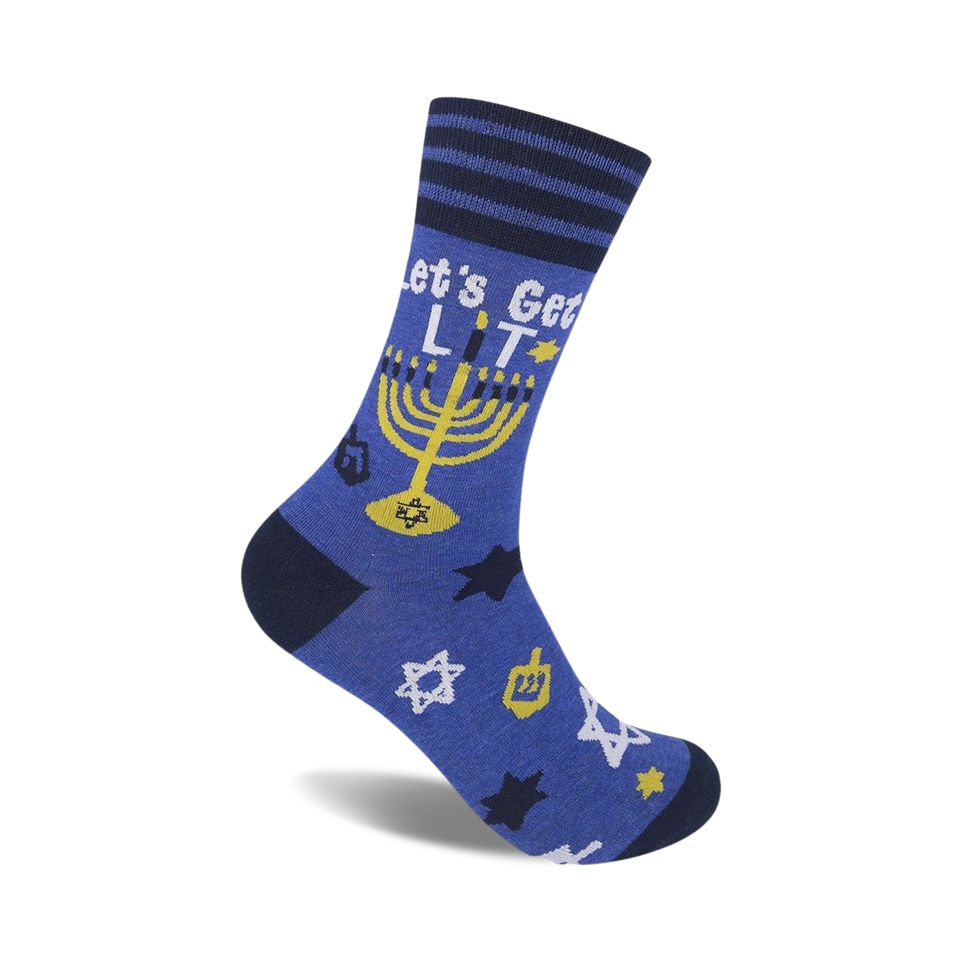 Crew socks in blue with navy stripes at the top.  Features a menorah, dreidel, Star of David, and the text 'Let's Get Lit'.