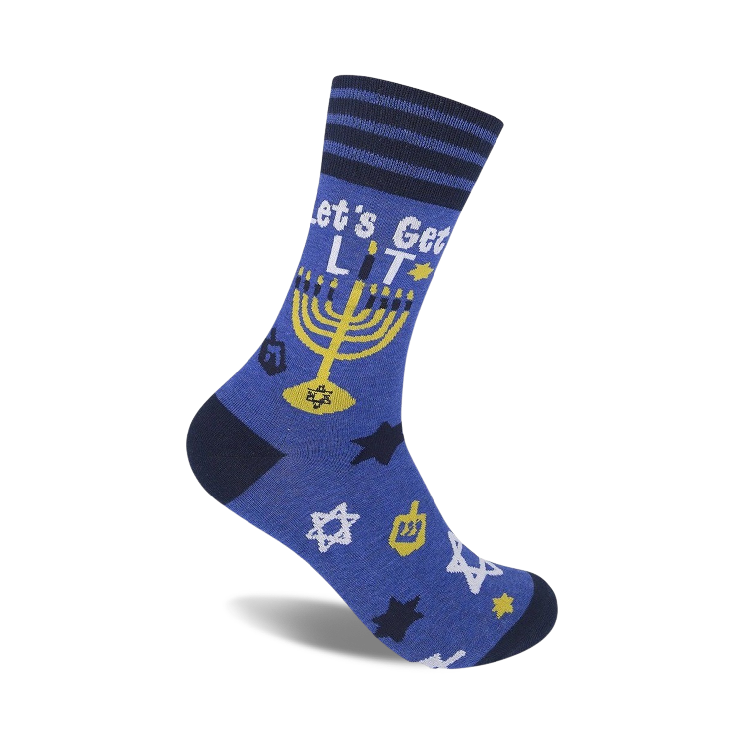 Crew socks in blue with navy stripes at the top.  Features a menorah, dreidel, Star of David, and the text 'Let's Get Lit'.