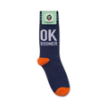 A close-up view of the 'OK Boomer' socks on a white background with packaging.