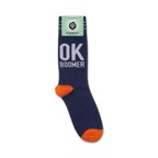 A close-up view of the 'OK Boomer' socks on a white background with packaging.