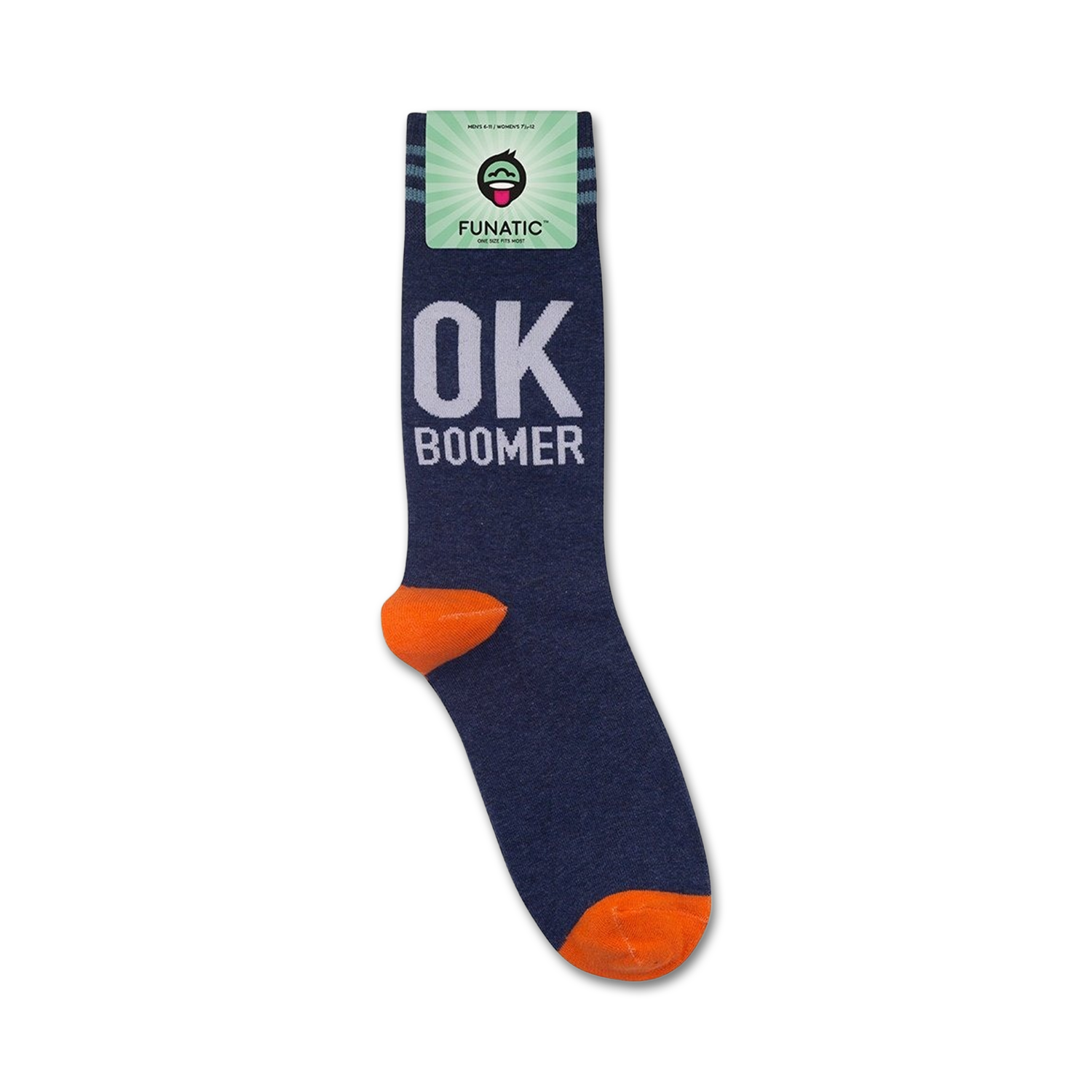 A close-up view of the 'OK Boomer' socks on a white background with packaging.