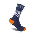 A navy blue crew sock with orange heel and toe. White 'OK BOOMER' text is prominently displayed.