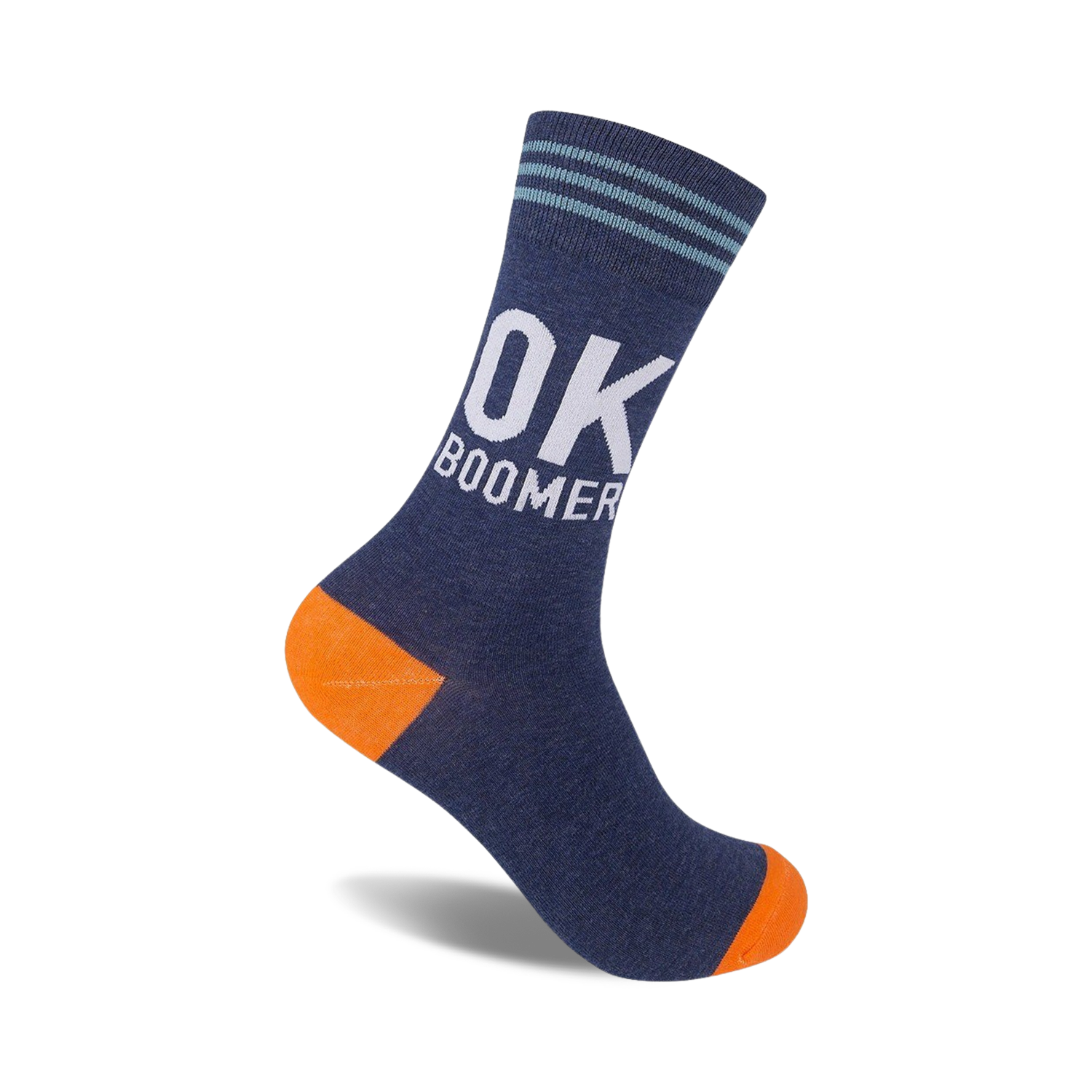 A navy blue crew sock with orange heel and toe. White 'OK BOOMER' text is prominently displayed.