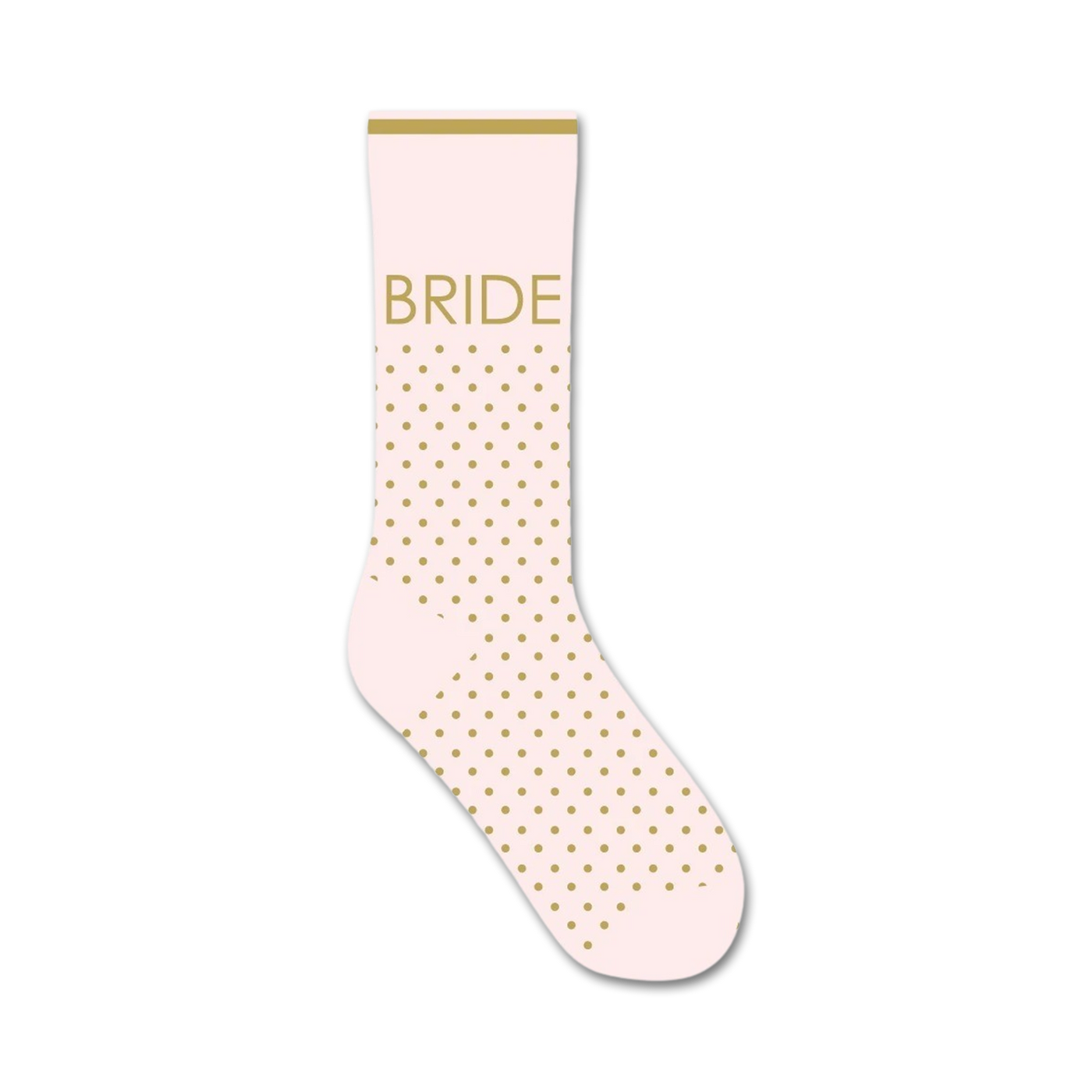A single blush pink crew sock with gold polka dots and the word 'BRIDE' in gold lettering displayed on the leg.