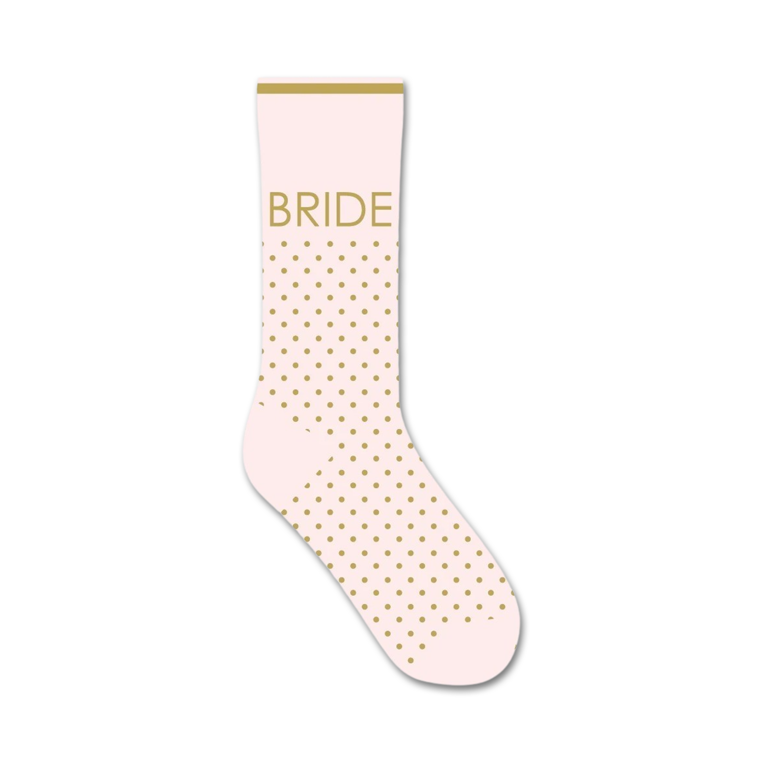 A single blush pink crew sock with gold polka dots and the word 'BRIDE' in gold lettering displayed on the leg.