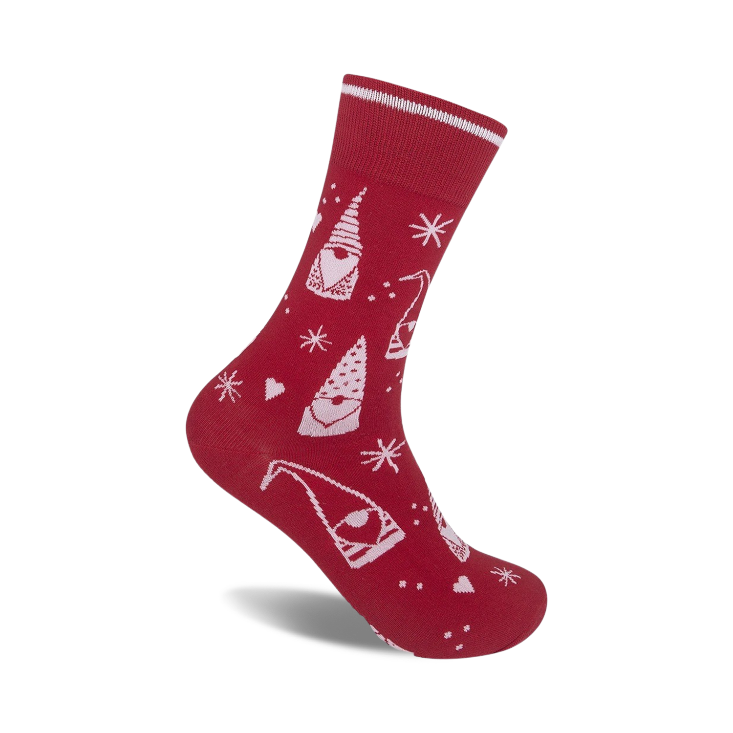 Red crew socks with a whimsical design. Features white gnomes, snowflakes, and hearts on a red background. Perfect for adding a touch of festive fun to any outfit!