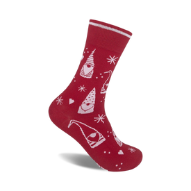 red and white nordic tomte crew socks with white hats, shirts, and long beards. carrying gifts, snowflakes, hearts. for men and women.  