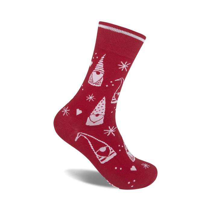 red and white nordic tomte crew socks with white hats, shirts, and long beards. carrying gifts, snowflakes, hearts. for men and women.   }}
