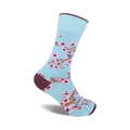 Crew socks in pale blue featuring a pink and brown cherry blossom design.  A maroon-colored cuff adds a touch of sophistication.